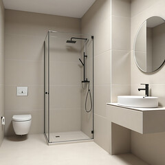 Modern Minimalist Bathroom Design Beige Tiles, Black Fixtures