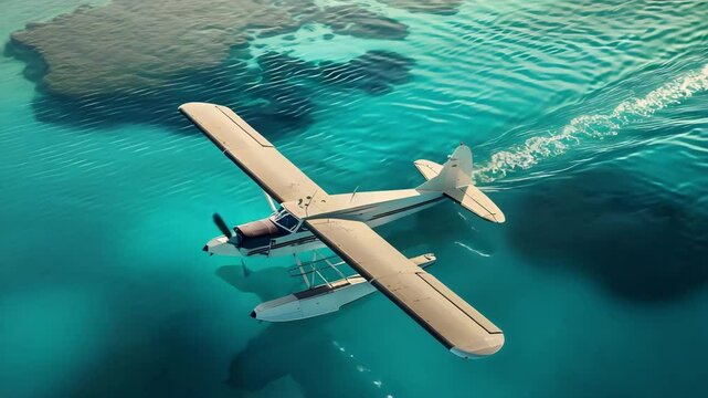 Seaplane aerial flight over turquoise ocean water with visible underwater rocks and gentle ripples creating peaceful and adventurous floatplane