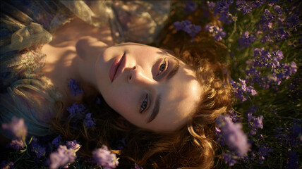 Top-down ultra-realistic view of a woman in lavender, her calm face lit by golden light, curls and dress blending with blooms.