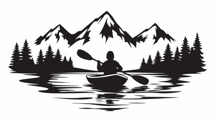 Silhouette of a person kayaking on a lake with mountains and trees in the background in black and white art