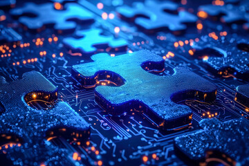 Fototapeta premium Innovative digital puzzle piece representing blockchain technology and connectivity