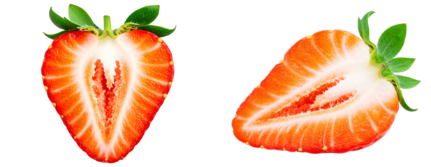Ripe Red Strawberry with Bite Mark and Green Leaf, Isolated on Transparent Background