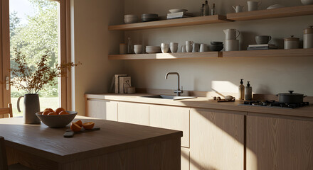 Bright Modern Kitchen Interior with Wooden Accents and Citrus Fruit