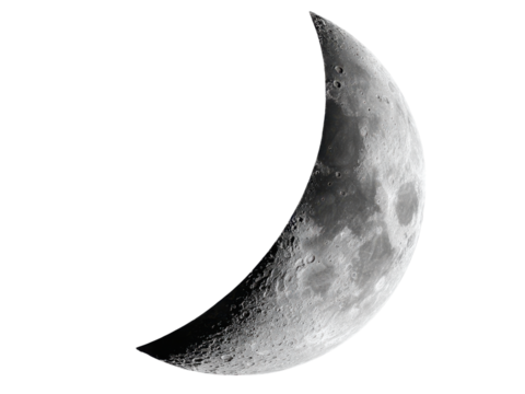 Crescent moon illuminated against dark sky detailed surface craters celestial night, Isolated, Transparent Png
