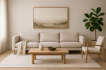 modern living room. A modern minimalist living room with neutral tones, soft textures, and natural wood accents. The space feels calm and airy, featuring cozy furniture and simple, elegant decor.