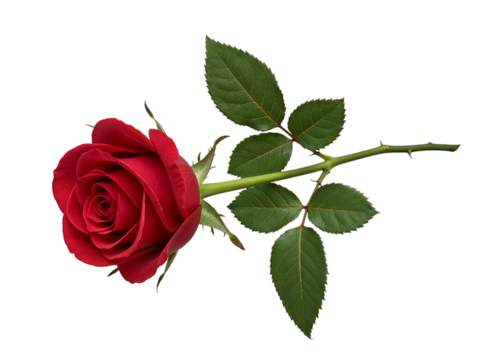A single red rose with green leaves and stem isolated on transparent background