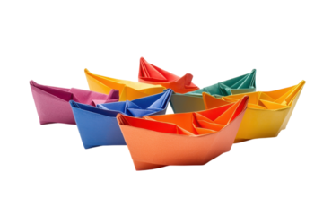 Origami Paper Boats Collection Colorful Craft Art Handmade Sailing Vessels Creative Shapes on transparent background