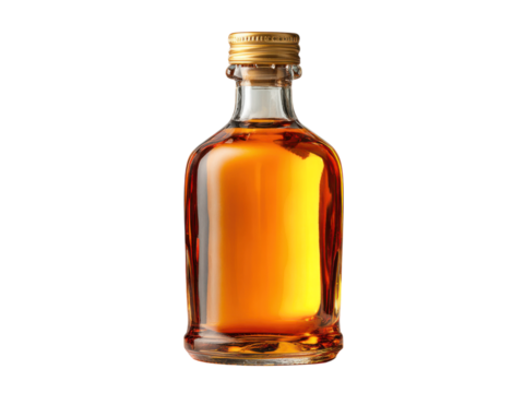 Amber spirit beverage in clear glass bottle with gold cap image, Isolated, Transparent Png