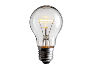 Glowing incandescent filament in clear glass bulb with metal base light, Isolated, Transparent Png