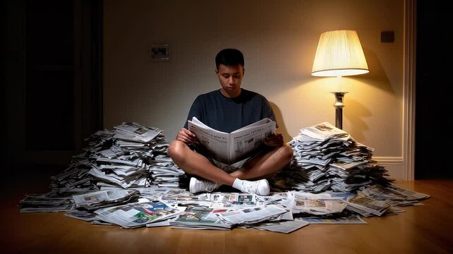 Person reading newspaper among pile of papers