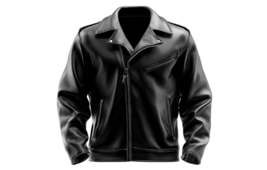 A classic black leather motorcycle jacket viewed from the front, fully zipped up, sharp collar and visible shoulder padding, clean and centered, isolated on a transparent background