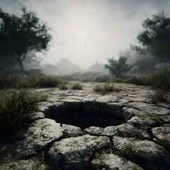 Abandoned well amidst cracked desolate landscape