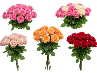 Five bouquets of fresh roses in pink white orange and red colors isolated on transparent background