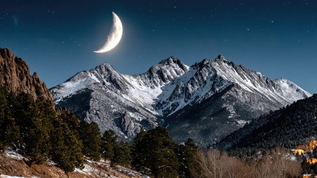 Snow capped mountains under night sky - Powered by Adobe