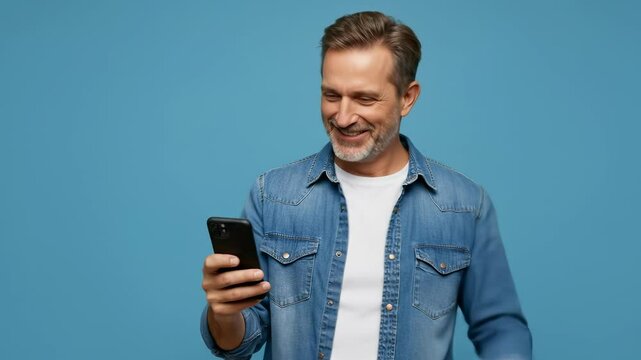 Joyful adult man celebrating exciting news on his phone with a victorious fist pump gesture.