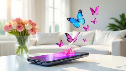 modern technologies, live realistic 3D butterflies fly out of a smartphone