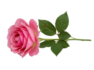 A single perfect pink rose with green leaves isolated on transparent background