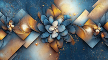Abstract floral arrangement on a textured blue background. Intricate layers of petals and swirling elements.
Golden and white flowers with blue botanical details.