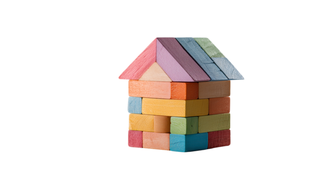 Colorful Wooden Toy House Made of Building Blocks on Transparent Background

