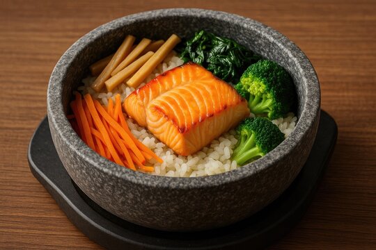 Fish and vegetable rice served in a traditional stone container