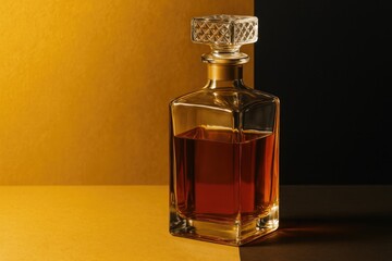 Still life featuring a clear rectangular bottle with a cap against a vibrant yellow and dark backdrop