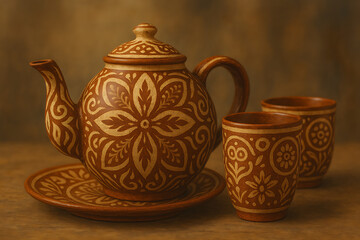 Hand-painted Ceramic Teapot and Cups Set with Batik-inspired Design