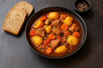 Hearty stew featuring potatoes, vegetables, and pork served on a rustic table for a wholesome meal with ample space for text
