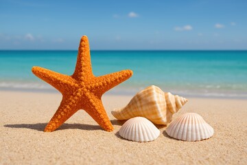 Sea star and seashells scattered on the sandy shore