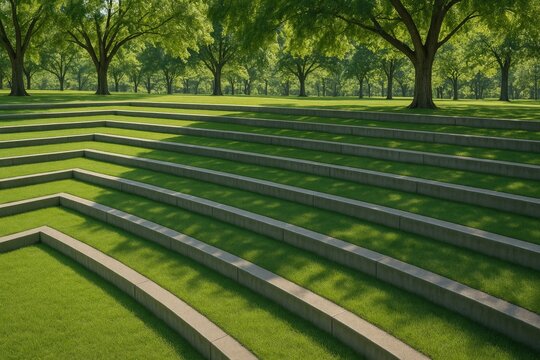 Terraced grassy seating area beneath tree canopies in a park