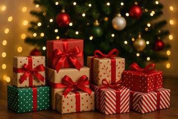 Obraz premium Gift piles beneath a festive tree with blurred holiday lights