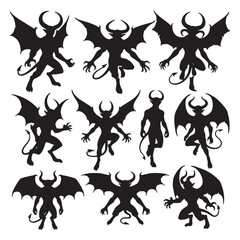 Collection of Nine Black Silhouettes of Winged Demons or Devils with Horns and Tails in Various Poses Against a White Background