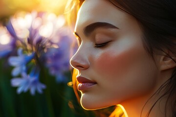 Fototapeta premium A serene woman's profile in soft sunlight amongst wildflowers.