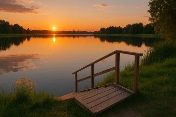 Serene lakeside sunset during summer with wooden steps leading into the water, embodying peaceful rural living, eco-tourism, camping, and fishing activities.