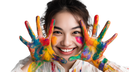 Smiling Woman with Colorful Painted Hands on Transparent Background

