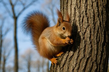 Obraz premium A squirrel perched on a tree trunk, munching on nuts