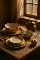 Rustic Pottery Collection Handcrafted Ceramic Bowls, Plates & Teapot