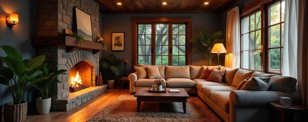 Relaxing Cozy Living Room with Fireplace and Comfortable Furniture, Perfect for Home Decor, Interior Design, and Real Estate Websites