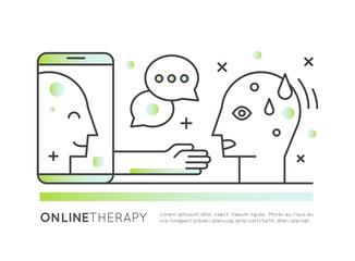 Online therapy concept with virtual mental health support, remote counseling, digital consulting, therapy session, emotional help, self-care, and psychological assistance in vector style logo icon
