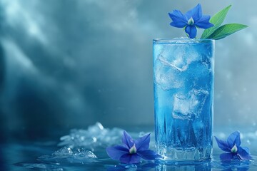 Refreshing blue cocktail with ice and flowers.