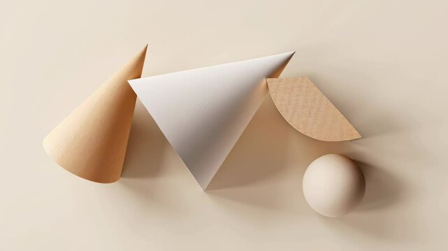 Abstract geometric shapes and objects on a beige background, with cones and a sphere demonstrating movement, footage.