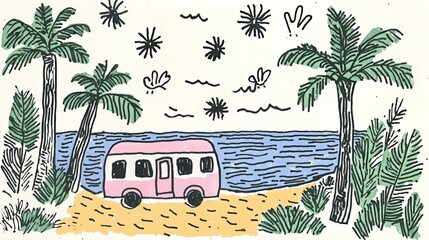 Pink van by the tropical beach with palm trees and starry sky in playful doodle art
