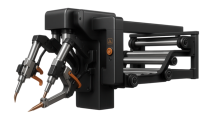 Robotic spot welding system with multiple welding guns and a conveyor integration for automotive body assembly
