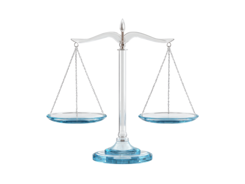Silver balance scale with blue glass pans on black background justice legal, Isolated, Transparent Png