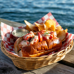 Lobster roll with chips on picnic table by the sea. Classic New England lobster roll with fresh lobster meat and dressing in a toasted bun, served with chips and lemonade on a red-white picnic table n
