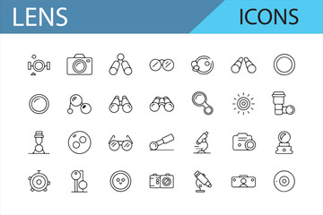 Set of Icons for Lenses, Cameras, and Optical Equipment for Photography and Science