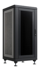 Fototapeta premium Floor-standing server cabinet with perforated side panels and adjustable feet for an IT infrastructure setup.