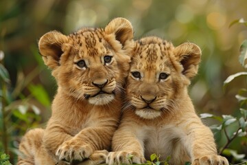 Obraz premium Two adorable lion cubs are sitting together in a natural setting, enjoying each other's company