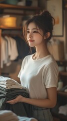 Young woman in white t-shirt folding clothes in a room. Useful for articles about home comfort and space organization.