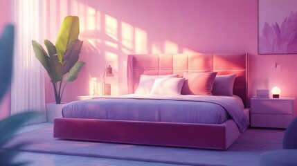 Modern bedroom with pink tones, large window and stylish lighting. Useful for interior design and furniture advertising.
