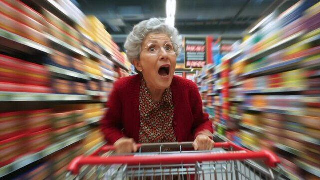 Dynamische alte Frau beim Einkaufen im Supermarkt, Generative AI